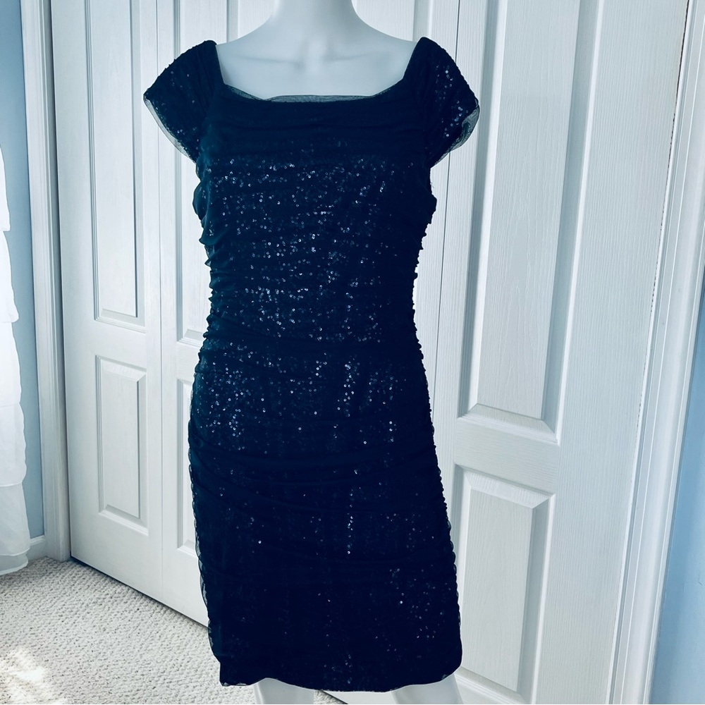 Lauren Ralph Lauren Evening Formal Dress Cap Sleeve Gathered Sequin Navy
